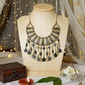 Boho Chic Handcrafted Indian Statement Bib Necklace Antique Gold Silver Iron